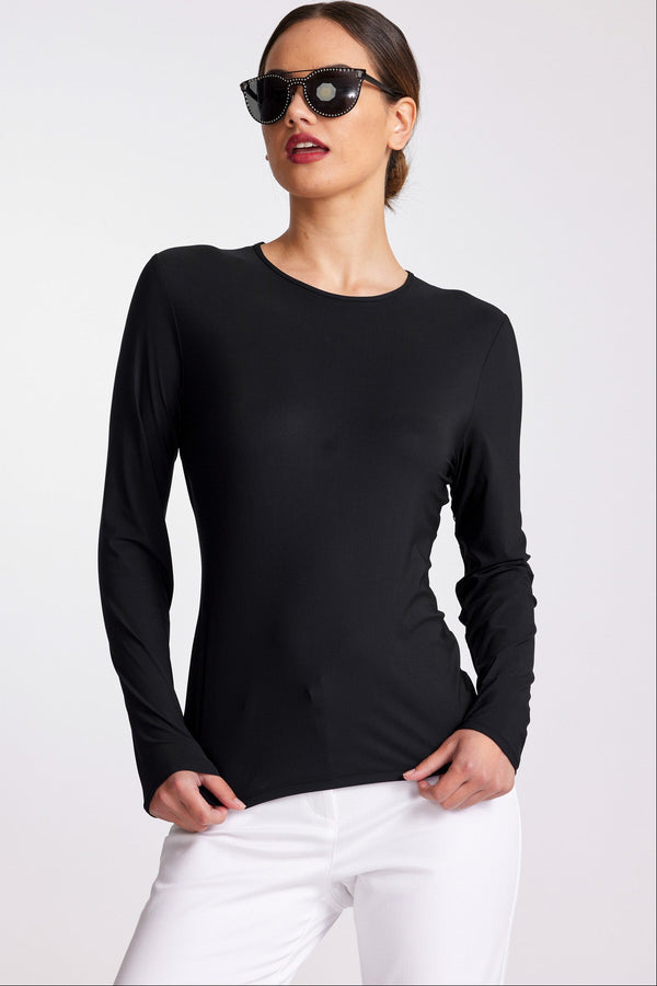 PAULA RYAN Crew Neck Long Sleeve Body Tee Classic Microjersey - Black - Paula Ryan
