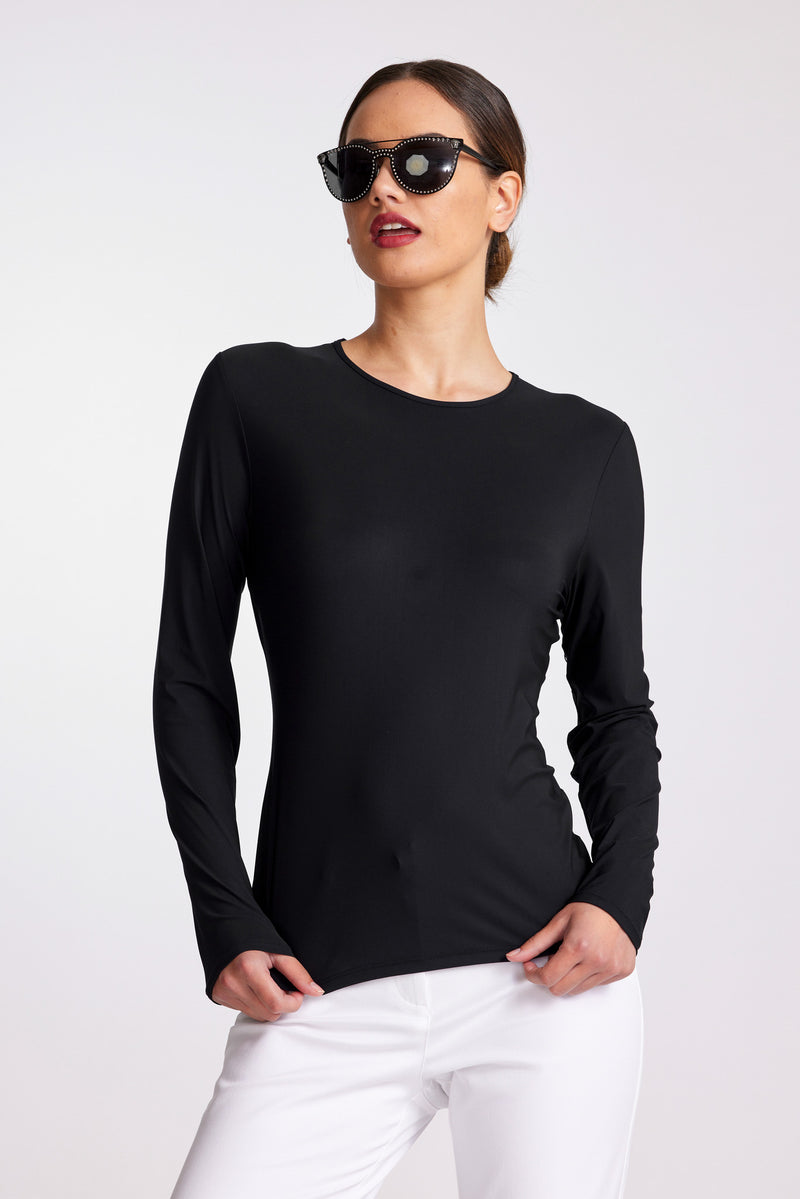 PAULA RYAN Crew Neck Long Sleeve Body Tee Classic Microjersey - Black