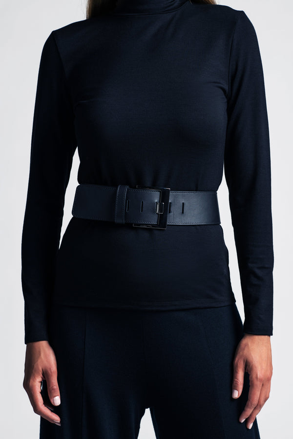 PAULA RYAN Squared Buckle Leather Belt - Ink/Gunmetal - Paula Ryan