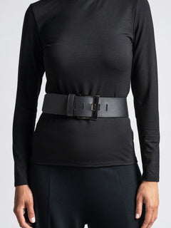 PAULA RYAN Squared Buckle Leather Belt - Black/Gunmetal - Paula Ryan