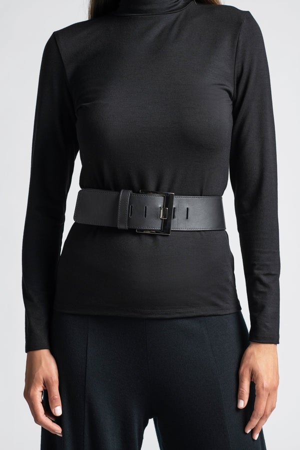 PAULA RYAN Squared Buckle Leather Belt - Black/Gunmetal - Paula Ryan