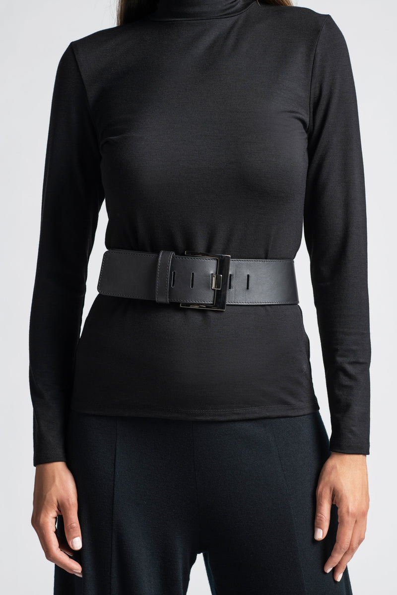 PAULA RYAN Squared Buckle Leather Belt - Black/Gunmetal - Paula Ryan