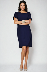 PAULA RYAN Ruched Sleeve Dress - Navy Microjersey