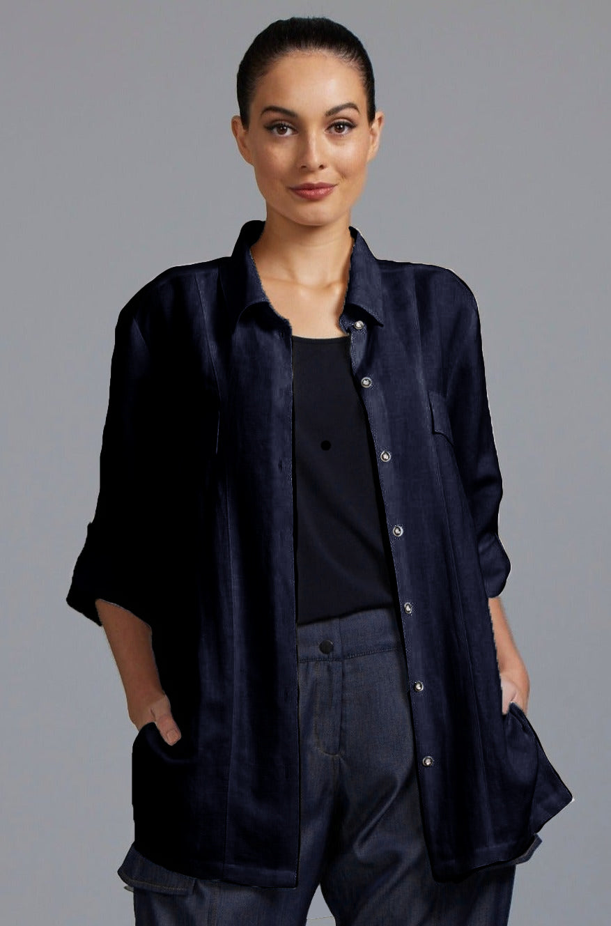 PAULA RYAN Washer Linen Panel Shirt - Navy - Paula Ryan