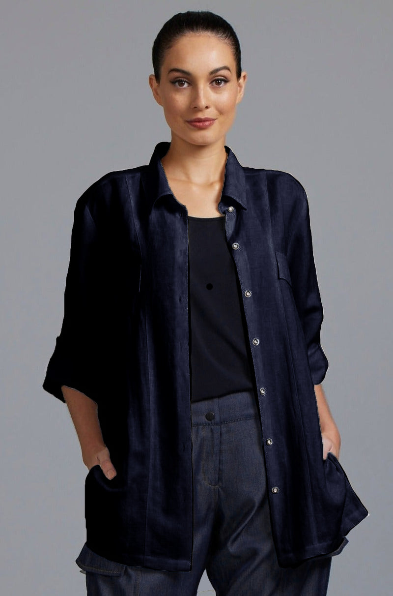 PAULA RYAN Washer Linen Panel Shirt - Navy - Paula Ryan