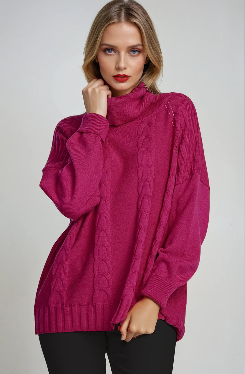 PAULA RYAN Cable Knit Jumper - Fuchsia Pink Merino