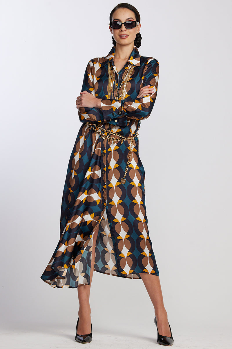 PAULA RYAN Drape Front Shirt Dress - Circles Print - Paula Ryan