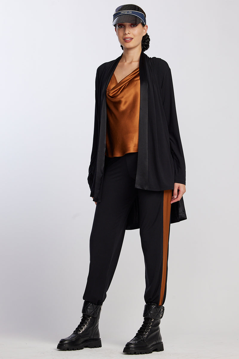 PAULA RYAN RELAXED Cashmere Modal Satin Panel Pant - Black/Cognac - Paula Ryan