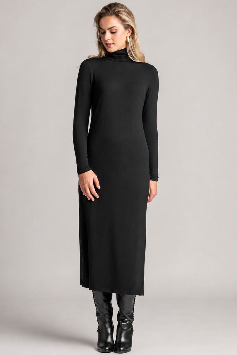 PAULA RYAN Polo Neck Sheath Dress - Black Merino