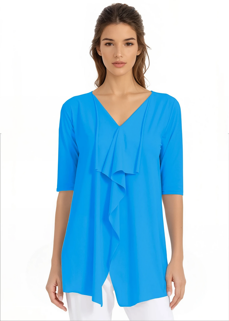 PAULA RYAN Half Sleeve Drape Front Top Superfine Microjersey - Cyan Blue