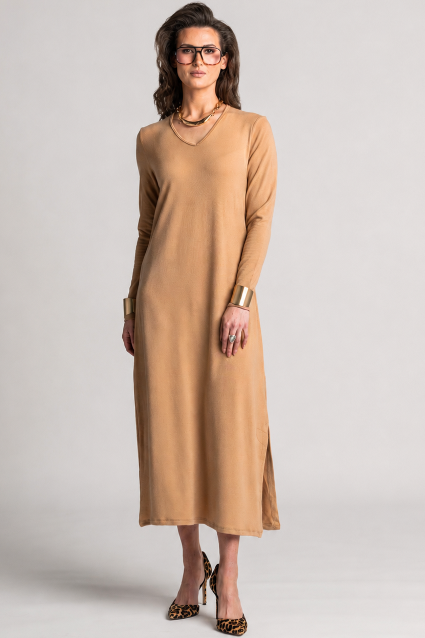 PAULA RYAN V Neck Sheath Dress - Camel Merino