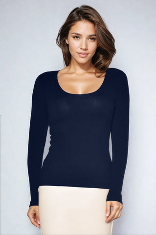 PAULA RYAN Slim Fit Long Sleeve Scoop Neck Top Modal Soft - Navy