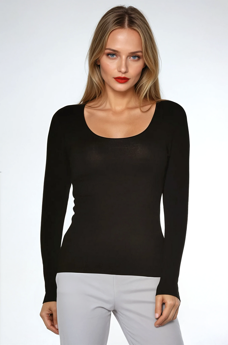 PAULA RYAN Slim Fit Long Sleeve Scoop Neck Top Modal Soft - Black