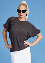 PAULA RYAN Rouched Sleeve Side Tuck Top - Black Microjersey