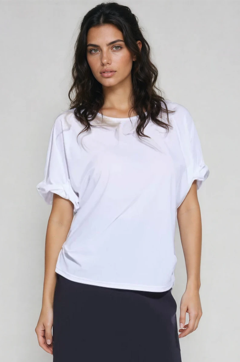 PAULA RYAN Ruched Sleeve Side Tuck Top - White Microjersey