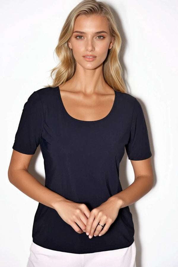 PAULA RYAN Scoop Neck Body Tee - Navy Microjersey