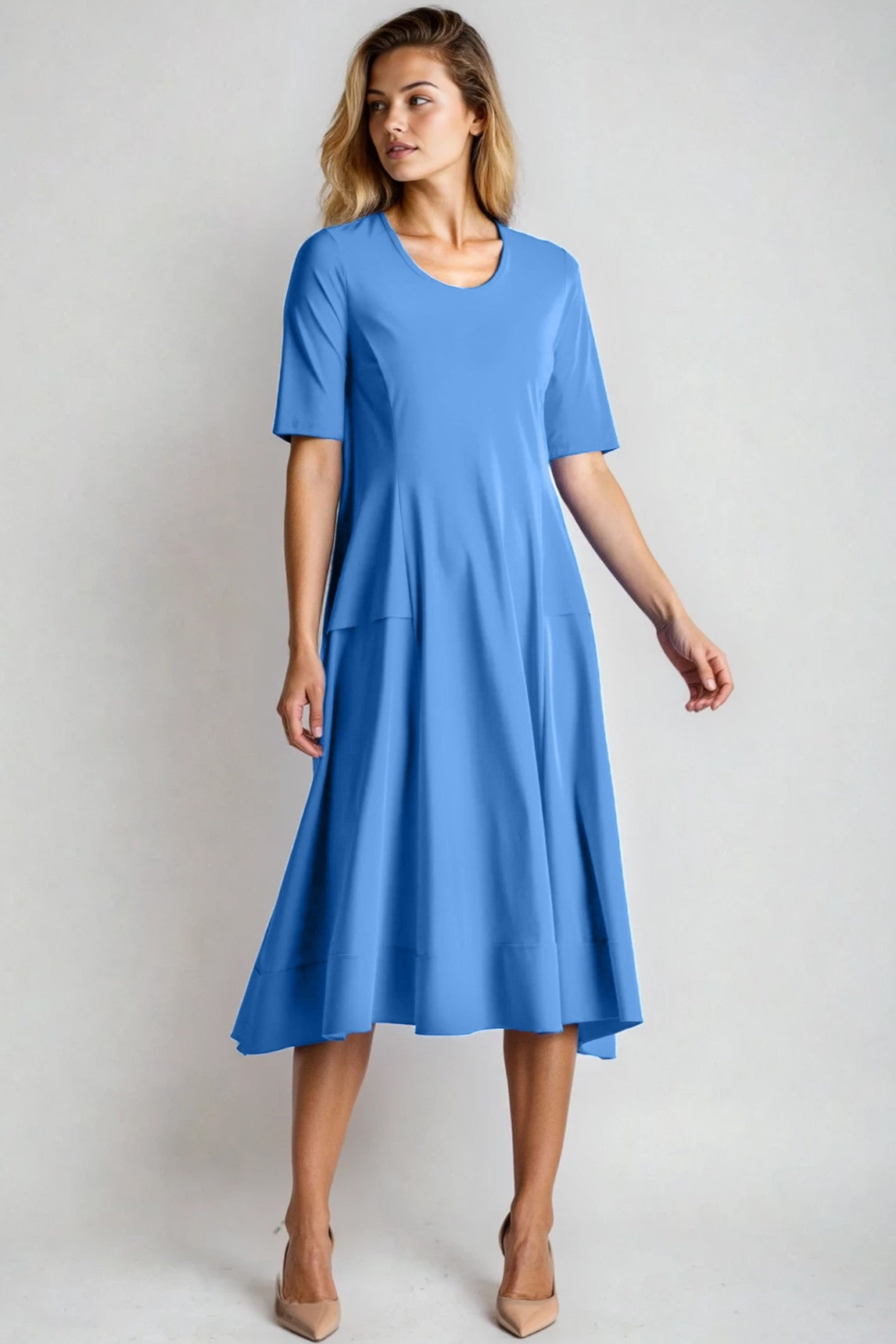 PAULA RYAN A-line Half Sleeve Tab Dress - Cornflower Microjersey