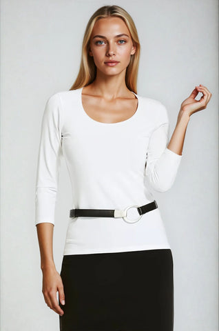PAULA RYAN Slim Fit 3/4 Sleeve U Shape Neck Top - Eco Vero White