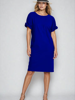 PAULA RYAN Ruched Sleeve Dress - Greek Blue Microjersey - Paula Ryan