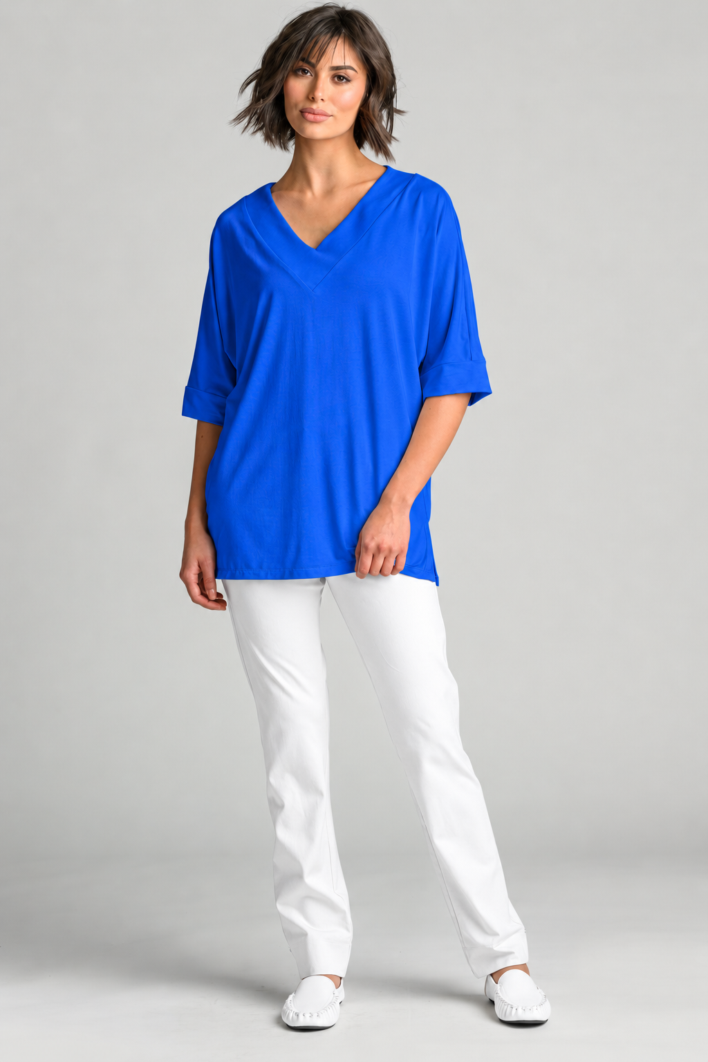 PAULA RYAN Long V Neck Relaxed Top - Santorini EcoVero