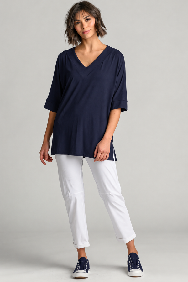 PAULA RYAN Long V Neck Relaxed Top - Navy EcoVero