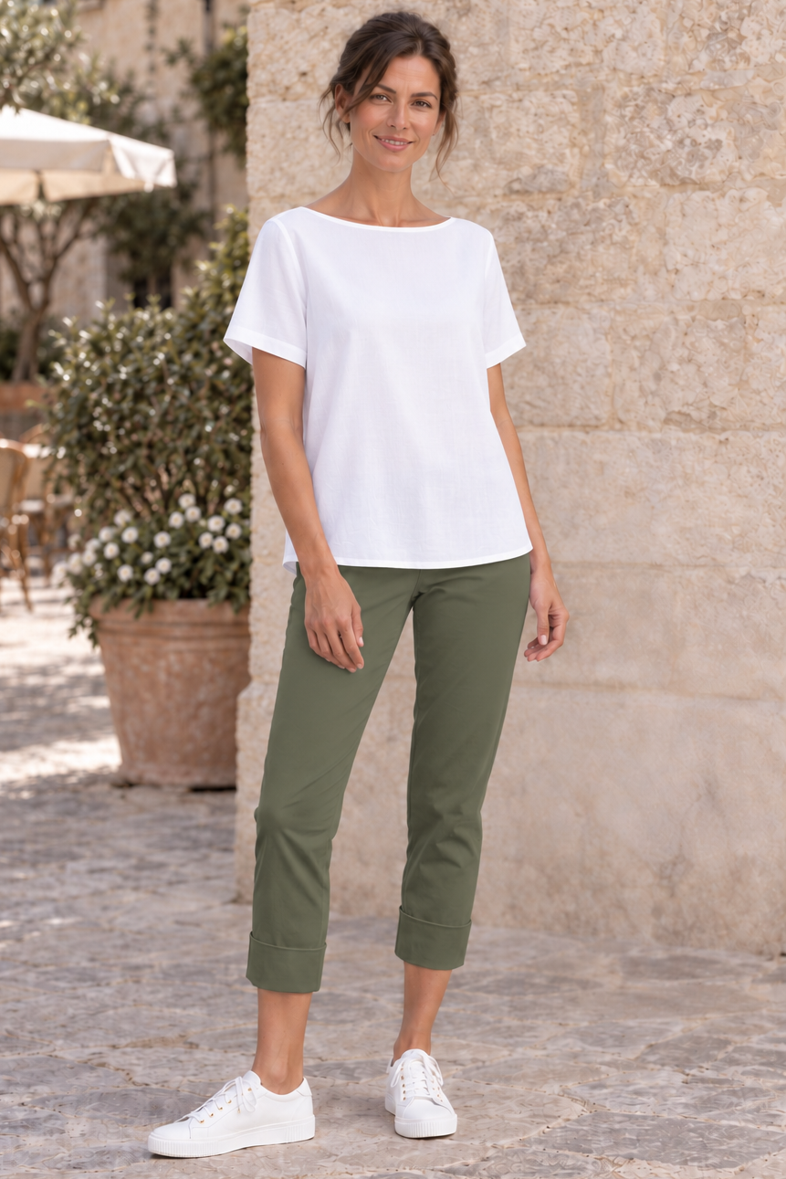 PAULA RYAN ESSENTIALS Wide Cuff Capri Pant - Classic Microjersey Khaki Green