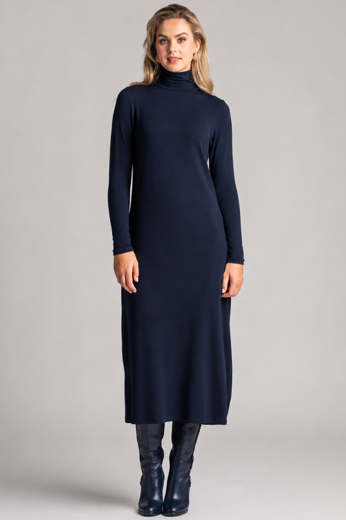 PAULA RYAN Easy Fit Polo Neck Sheath Dress - Navy Merino