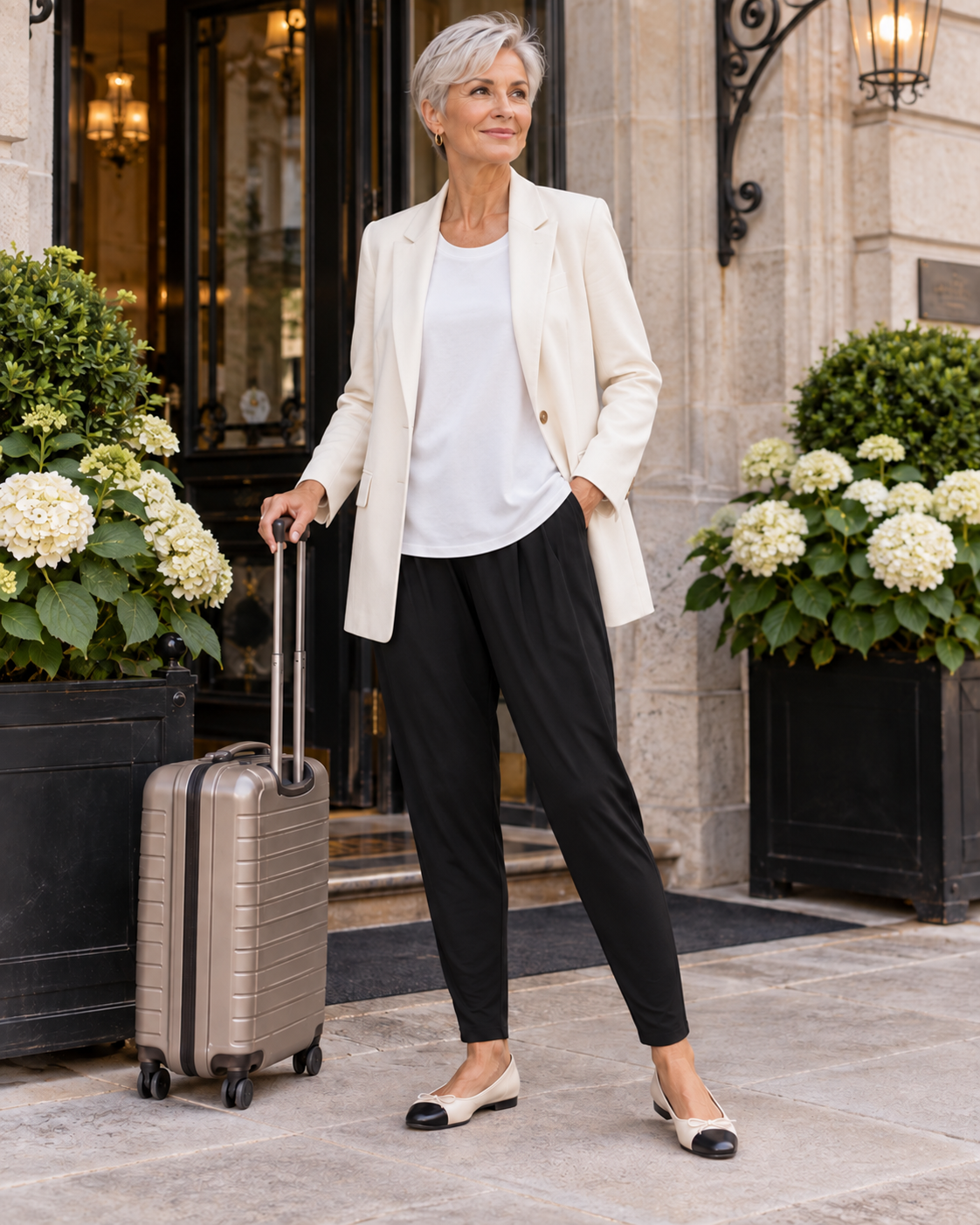 Black Basque Pant with a long white boyfriend blazer, an untucked white round-neck top and two-tone ballet flats for travel
