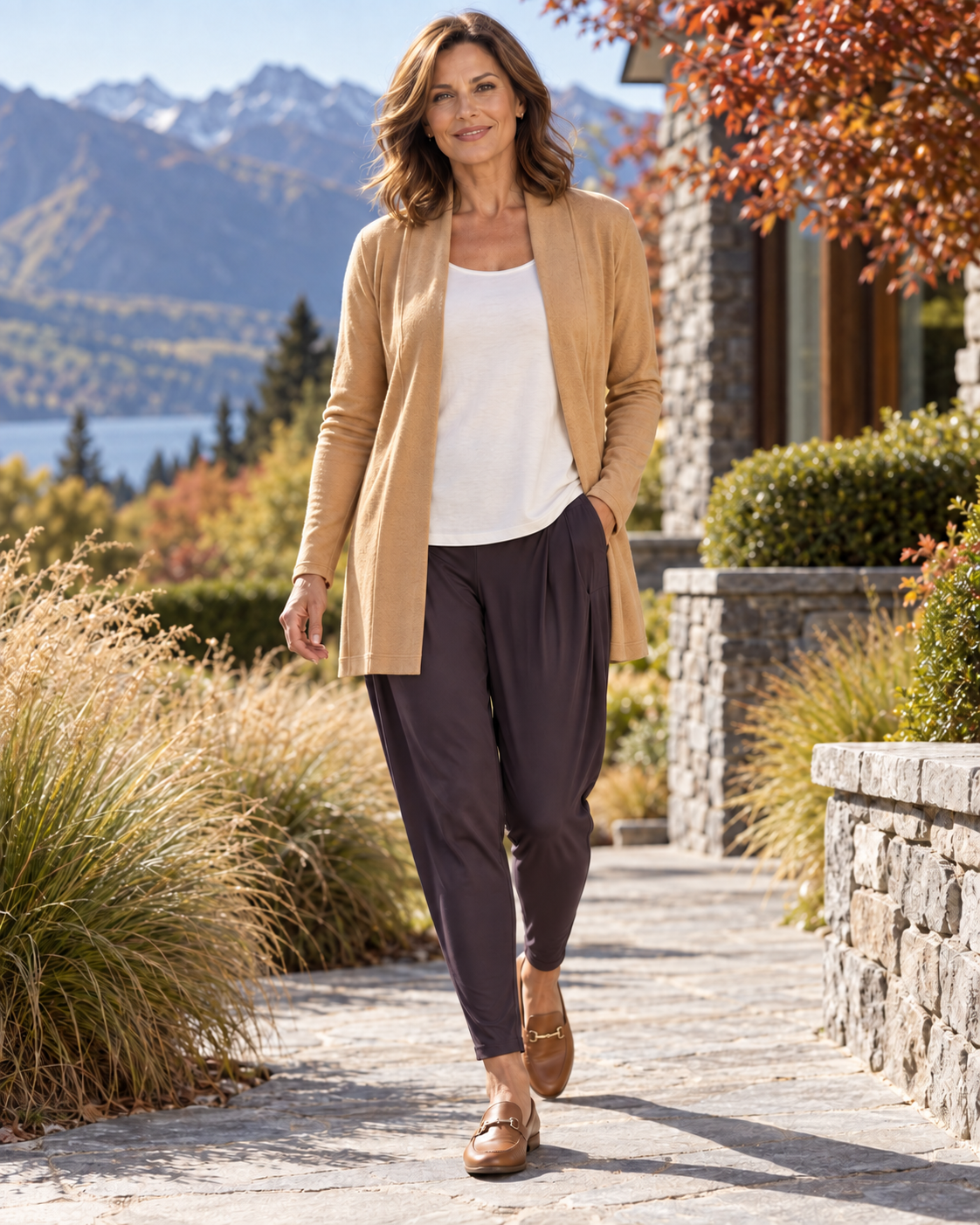 Cocoa Plum Basque Pant with a camel open cardigan, an untucked ivory first layer and flat loafers