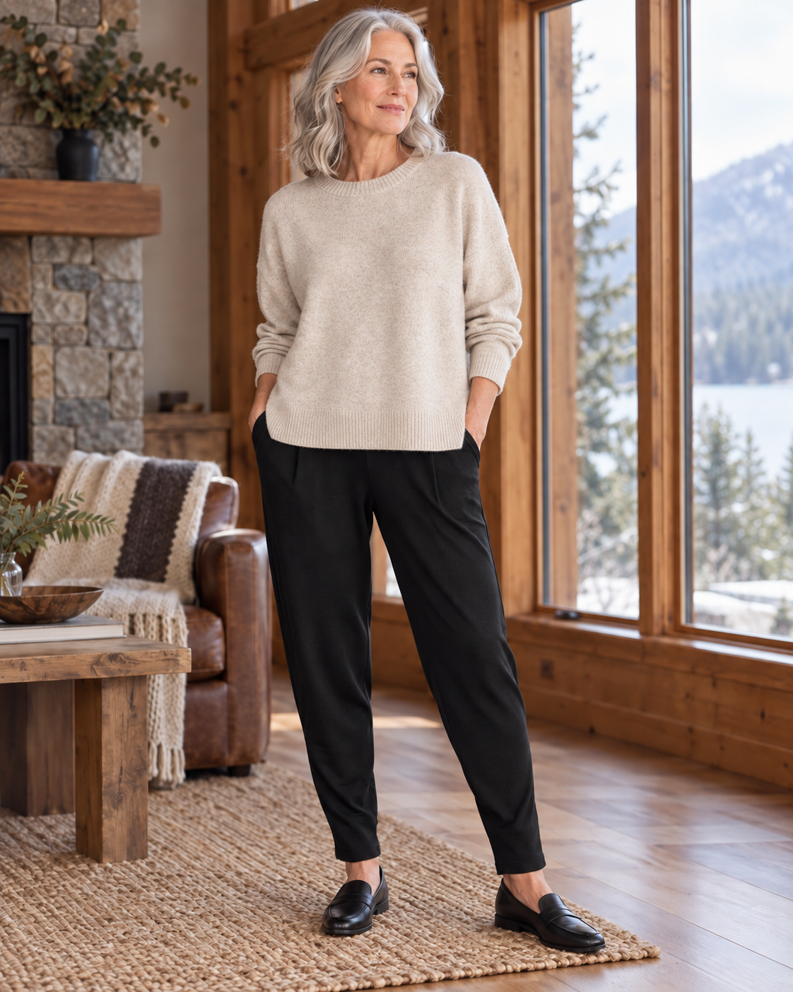 Black Merino Basque Pant with an oatmeal knit and loafers in a mountain lodge
