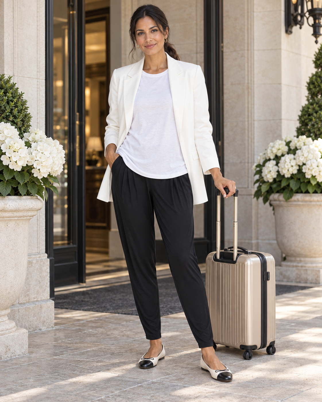 Woman wearing black Paula Ryan Basque pants, a long white blazer, an untucked white round-neck top and two-tone ballet flats beside a suitcase