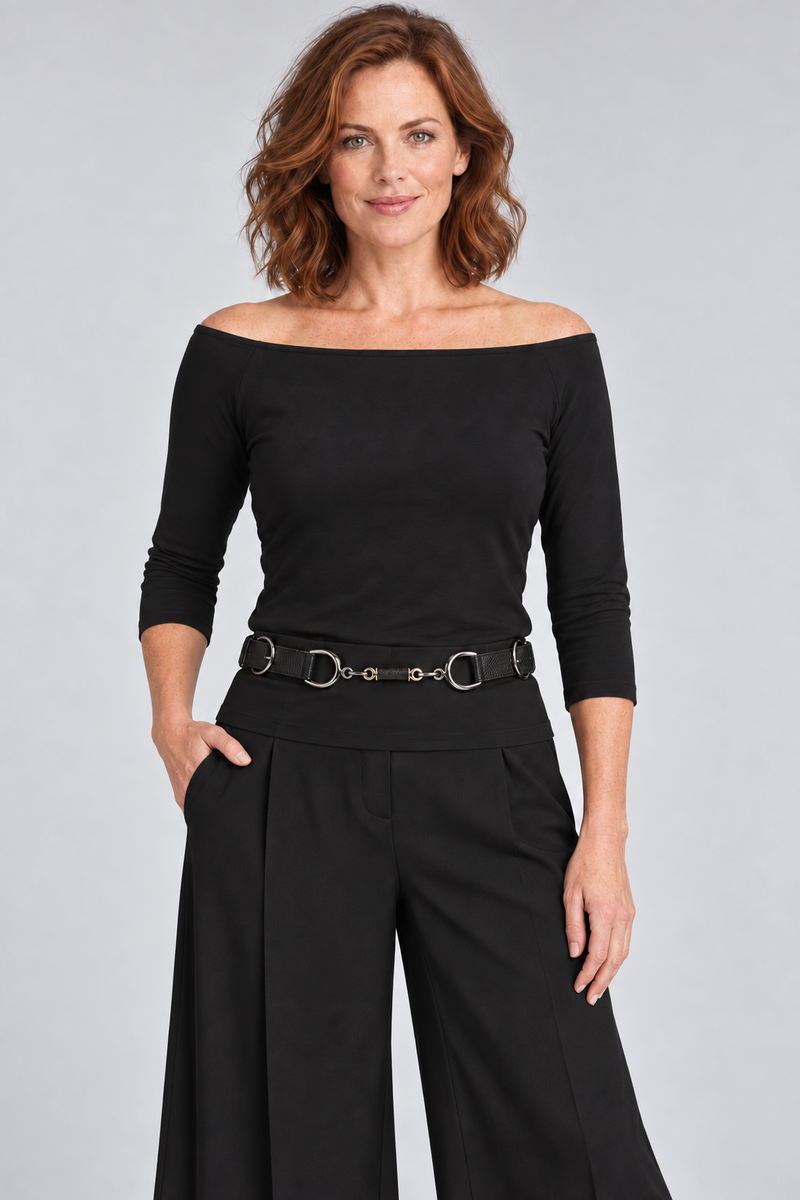 Black Off Shoulder Top with three-quarter sleeves.