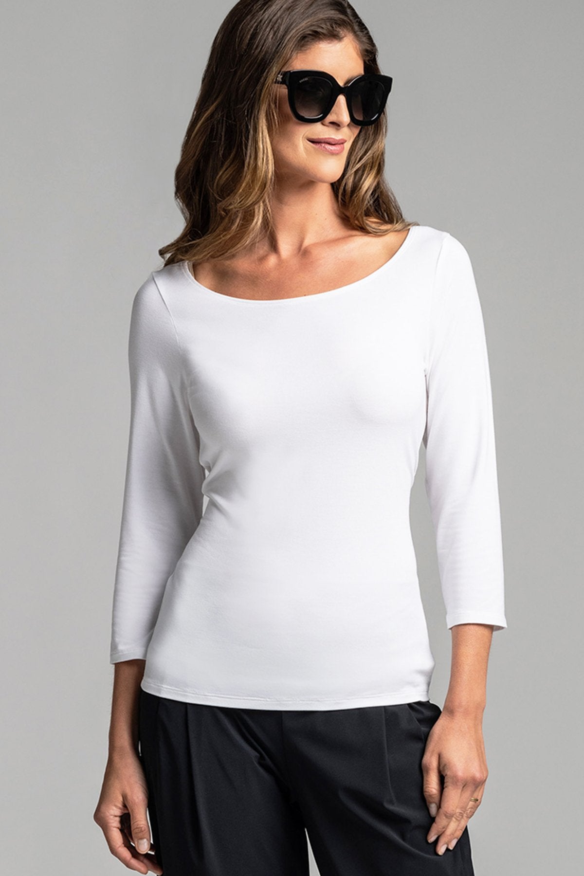 PAULA RYAN ESSENTIALS Slim Fit ¾ Sleeve Wide Neck Top - MicroModal