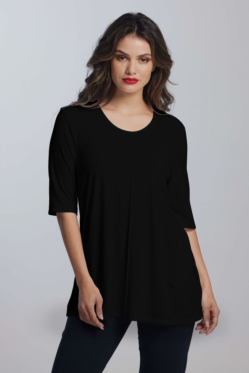 PAULA RYAN Bound Neck 1/2 Sleeve Top - Black - MicroModal - Paula Ryan