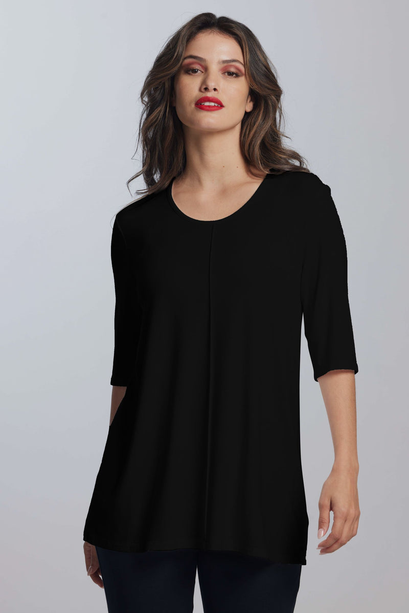 PAULA RYAN Bound Neck 1/2 Sleeve Top - Black - MicroModal - Paula Ryan