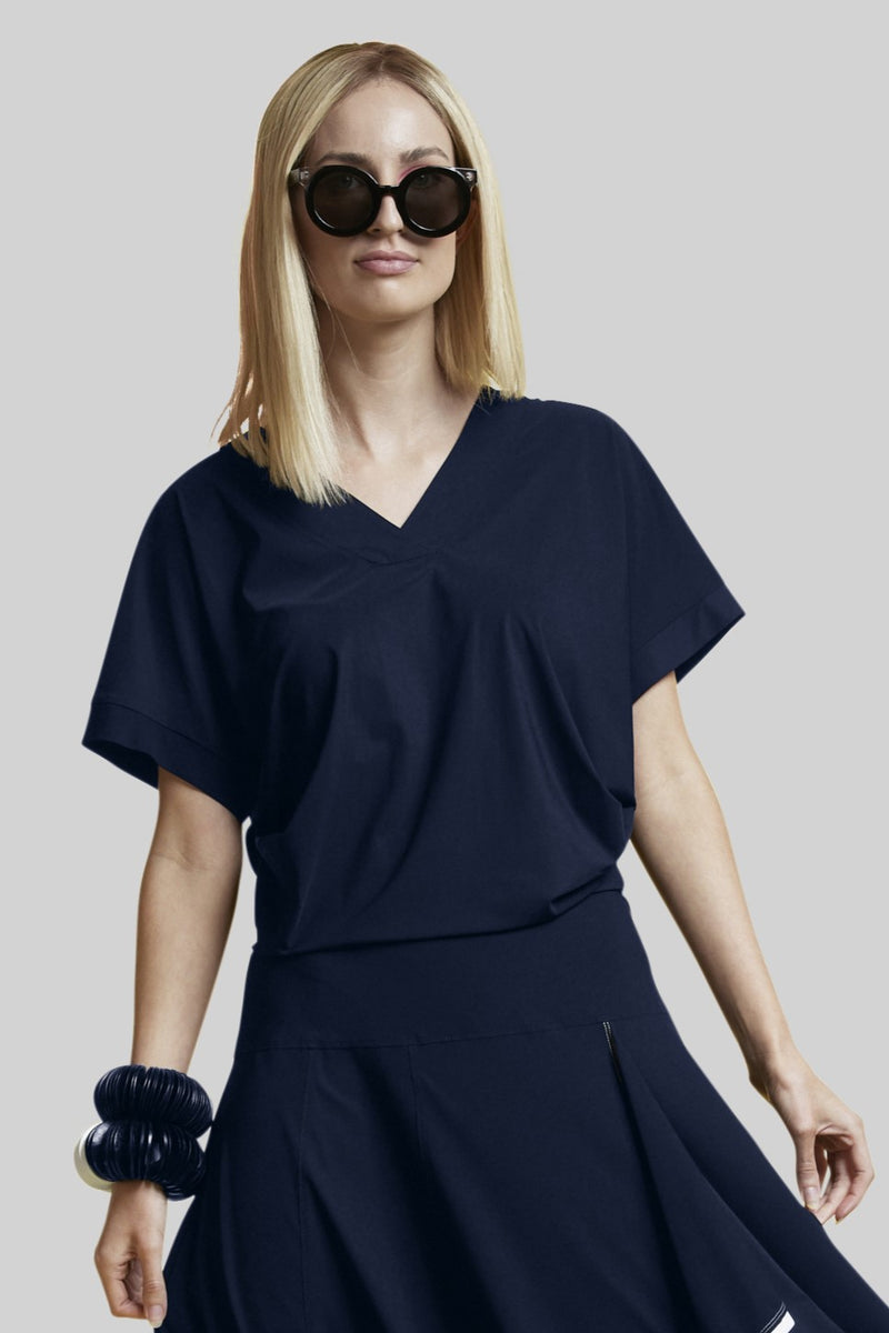 PAULA RYAN V Neck Side Tuck Top - Navy - Microjersey Superfine - Paula Ryan