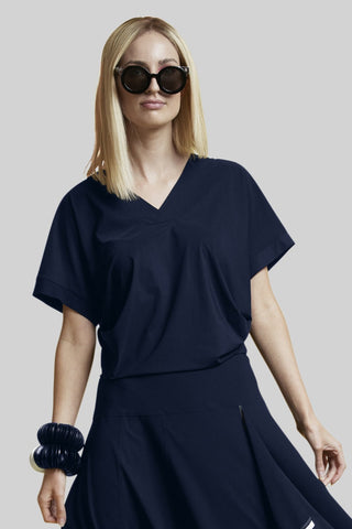 PAULA RYAN V Neck Side Tuck Top - Navy - Microjersey Superfine