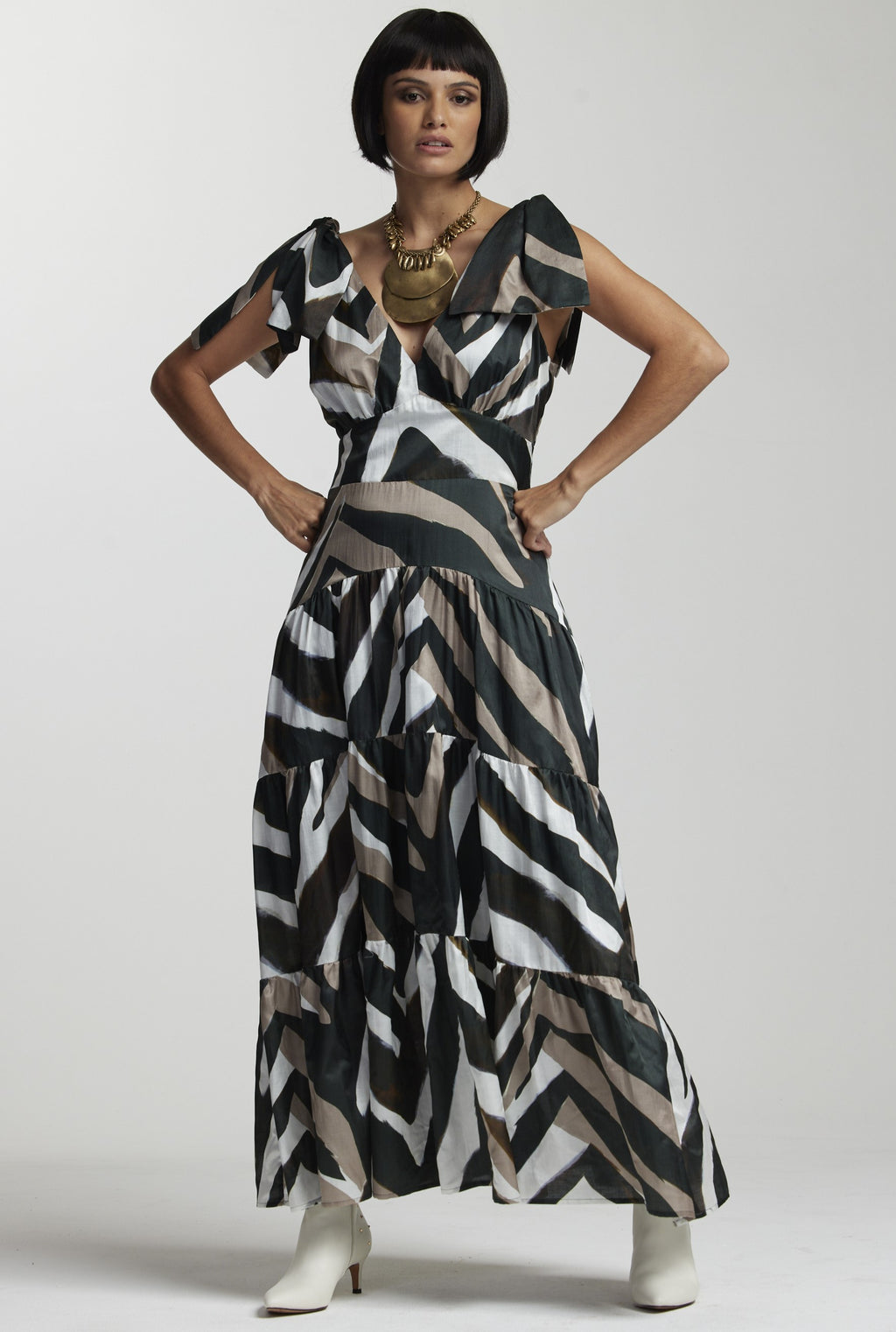 PAULA RYAN Tie Shoulder Fitted Dress - Maxi Zebra - Paula Ryan