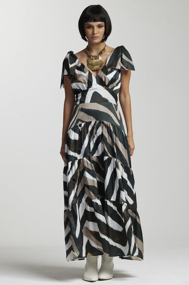 PAULA RYAN Tie Shoulder Fitted Dress - Maxi Zebra - Paula Ryan