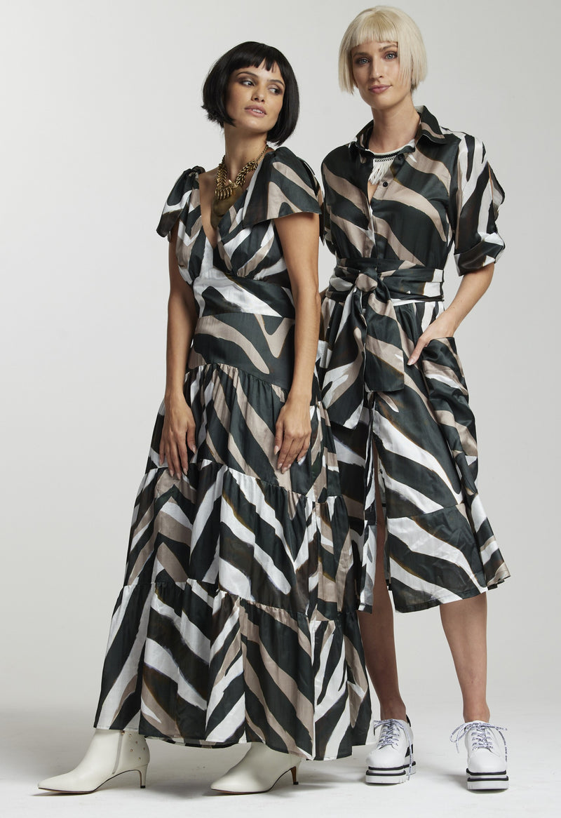 PAULA RYAN Tie Shoulder Fitted Dress - Maxi Zebra - Paula Ryan