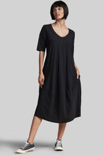 PAULA RYAN Scoop V 1/2 Sleeve Tulip Dress - Black - Microjersey - Paula Ryan