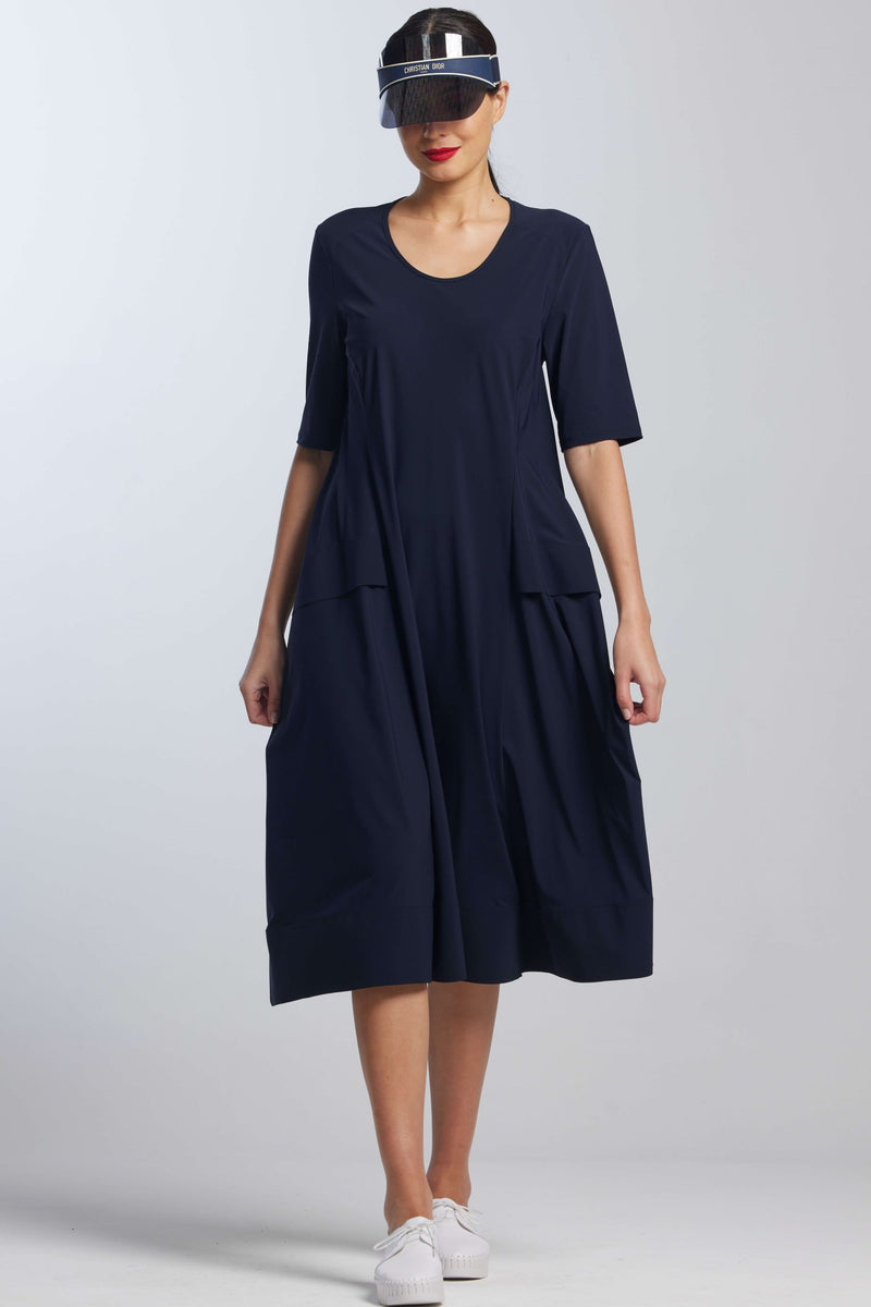 PAULA RYAN A-Line 1/2 Sleeve Tab Dress - Navy - Microjersey - Paula Ryan