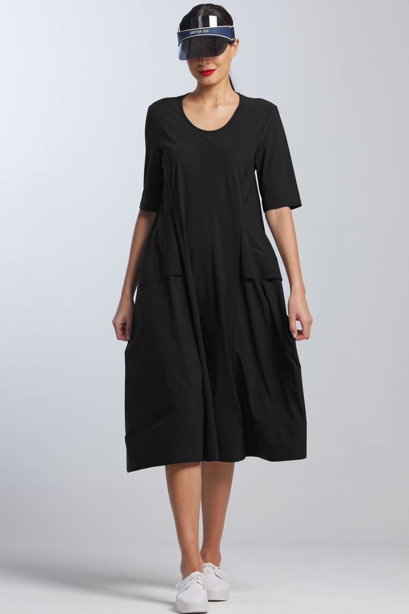 PAULA RYAN A Line Half Sleeve Tab Dress - Black - Microjersey - PREORDER - Paula Ryan