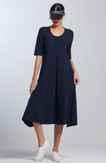 PAULA RYAN A-Line 1/2 Sleeve Tab Dress - Navy - Microjersey - Paula Ryan