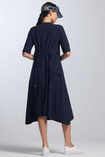 PAULA RYAN A-Line 1/2 Sleeve Tab Dress - Navy - Microjersey - Paula Ryan