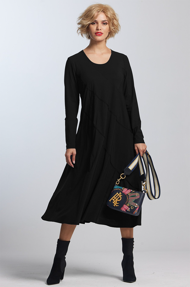 PAULA RYAN Bias panelled A Line Dress - Black Microjersy PRE ORDER - Paula Ryan