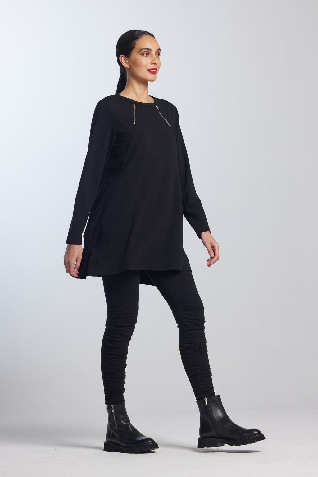 PAULA RYAN Double Zip Crew Neck Tunic - Black Merino - Paula Ryan