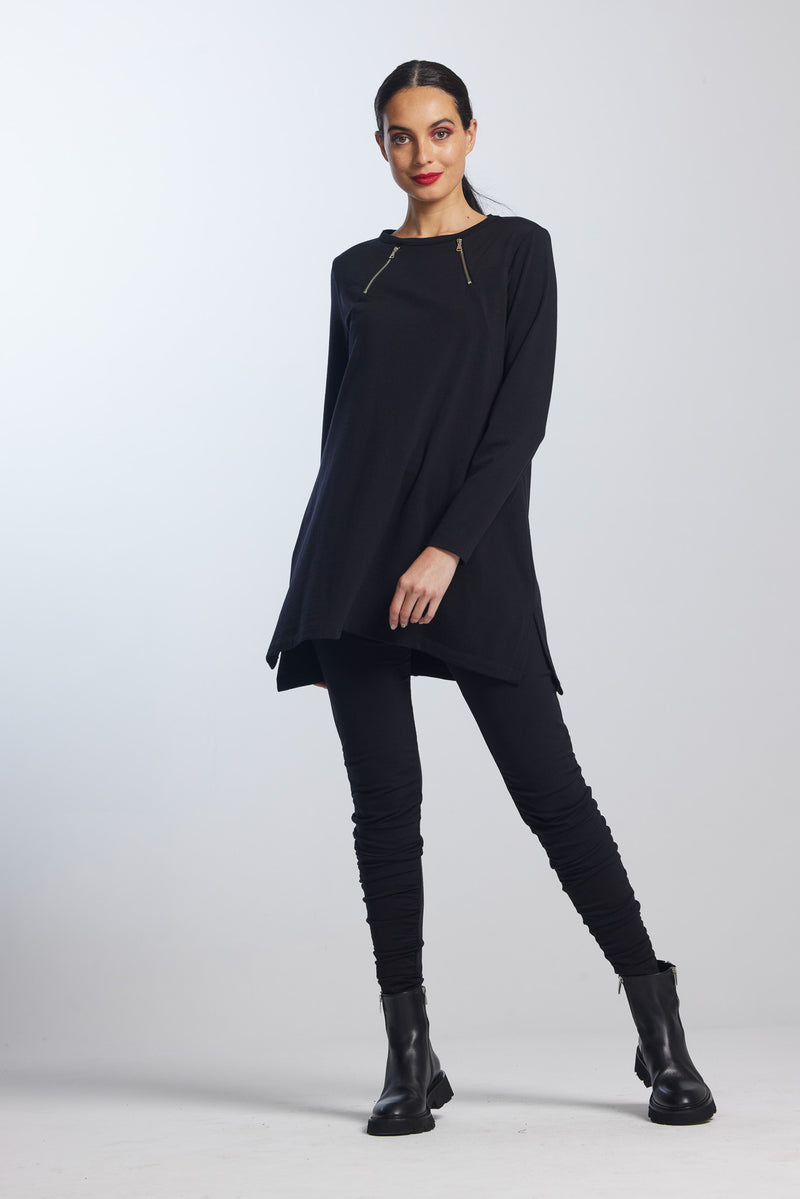 PAULA RYAN Double Zip Crew Neck Tunic - Black Merino - Paula Ryan