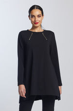 PAULA RYAN Double Zip Crew Neck Tunic - Black Merino - Paula Ryan