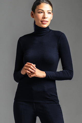 PAULA RYAN ESSENTIALS Slim Fit Long Sleeve Polo Neck Top - Merino - Navy